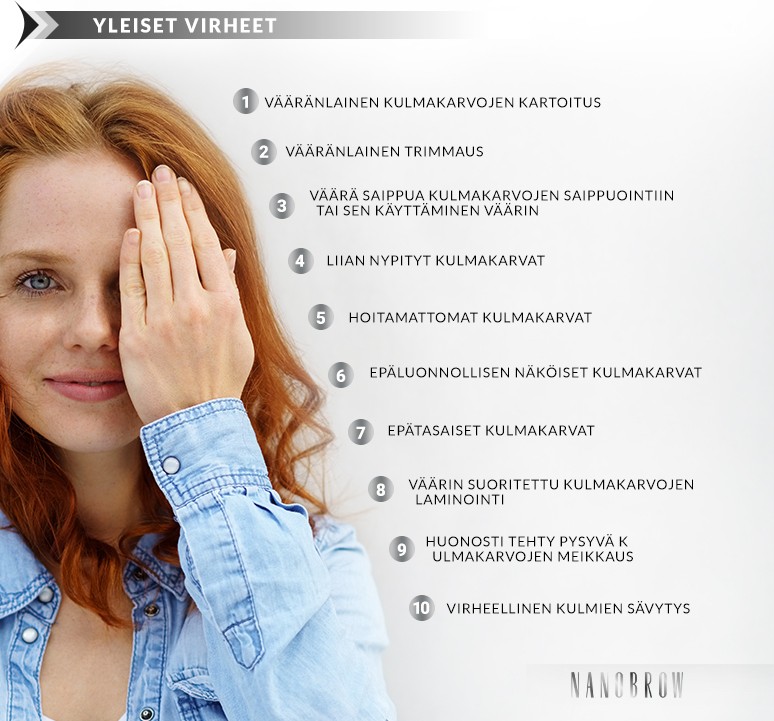 YLEISET VIRHEET: Vääränlainen kulmakarvojen kartoitus; Vääränlainen trimmaus; Väärä saippua kulmakarvojen saippuointiin tai sen käyttäminen väärin