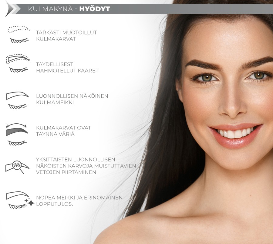 Kulmakynä - hyödyt: Tarkasti muotoillut kulmakarvat, äydellisesti hahmotellut kaaret, Luonnollisen näköinen kulmameikki.